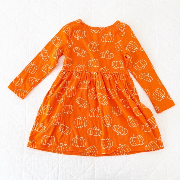 4T Cat & Jack Kids Orange Pumpkin Print Casual Long Sleeve Dress - Picture 3 of 3